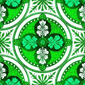 Arabesque half drop circles with leaves and radiating mandalas in bright lime green, white and dark green hues with a crackled porcelain texture 12” repeat four directional