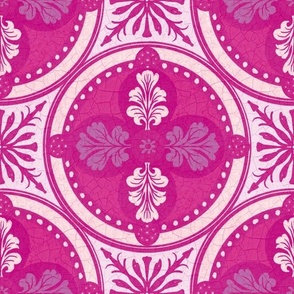 Arabesque half drop circles with leaves and radiating mandalas in bright pink and pale pink hues with a crackled porcelain texture12” repeat four directional