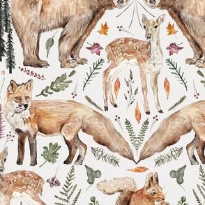 Watercolour Woodland Bear, Fox, Deer And Squirrel With Berries And Leaves Off White Large
