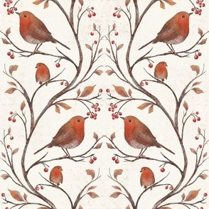 Red Robins and Winter Berries - Snow Cream Canvas Background #P230711