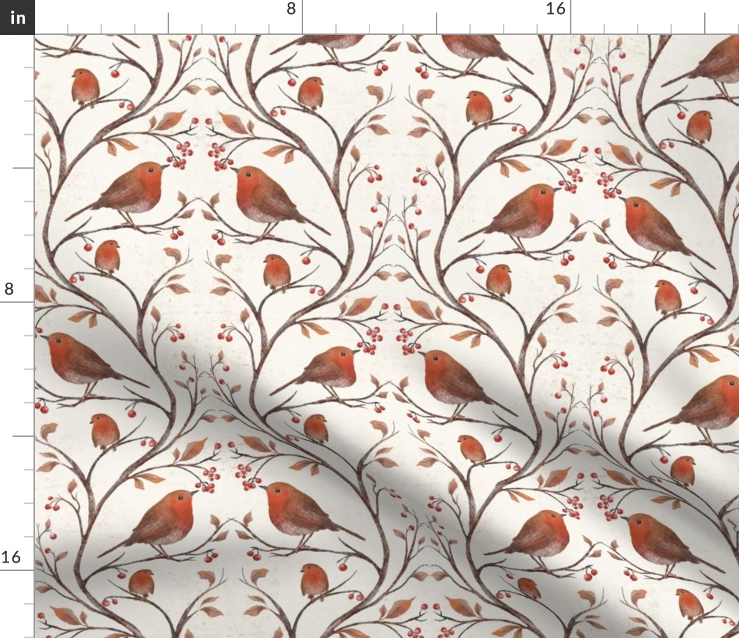 Red Robins and Winter Berries - Snow Cream Canvas Background #P230711