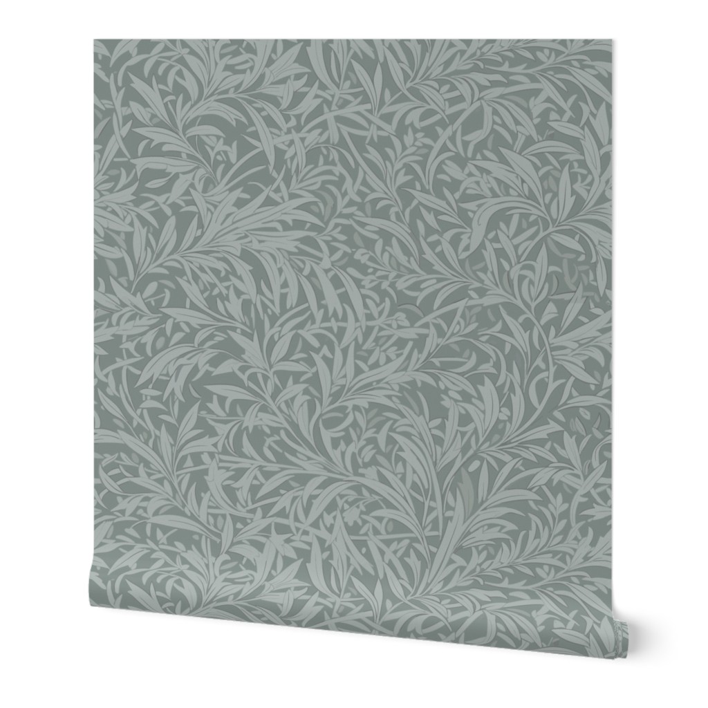 Abstract willow leaves in shades of sage green on a darker green - large scale