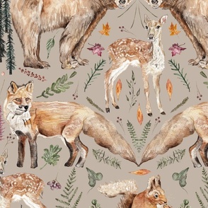 Watercolour Woodland Bear, Fox, Deer And Squirrel With Berries And Leaves Beige Large