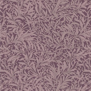 Abstract willow leaves in shades of mauve on burgundy / dark red - medium scale