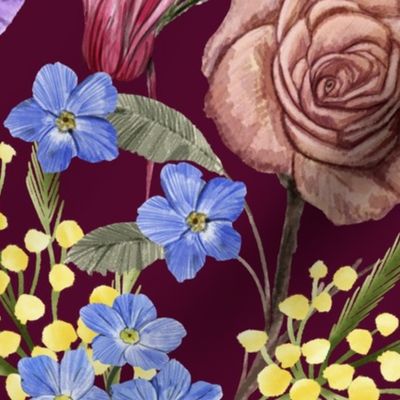 Rich Painterly Floral with Pansy, Cyclamen_, Forget Me Not,  Rose,  Mimosa, Narcissus and Gladiolus Burgundy Background  Large Scale