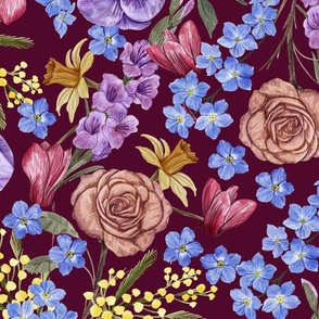 Rich Painterly Floral with Pansy, Cyclamen_, Forget Me Not,  Rose,  Mimosa, Narcissus and Gladiolus Burgundy Background  Large Scale