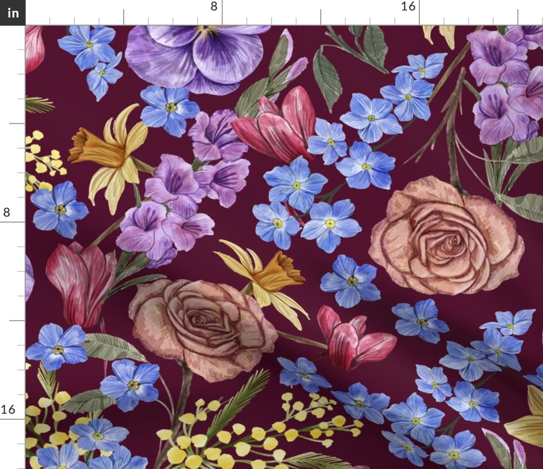 Rich Painterly Floral with Pansy, Cyclamen_, Forget Me Not,  Rose,  Mimosa, Narcissus and Gladiolus Burgundy Background  Large Scale