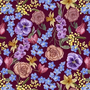 Rich Painterly Floral with Pansy, Cyclamen, Forget Me Not,  Rose,  Mimosa, Narcissus and Gladiolus Burgundy Background  Medium Scale