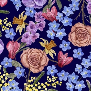 Rich Painterly Floral with Pansy, Cyclamen,  Forget Me Not, Rose, Mimosa, Narcissus and Gladiolus Navy Blue Background Large Scale