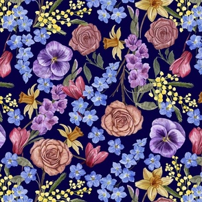Rich Painterly Floral with Pansy, Cyclamen,  Forget Me Not, Rose, Mimosa, Narcissus and Gladiolus Navy Blue Background Medium Scale