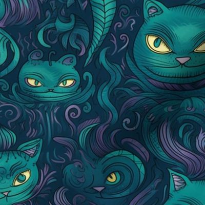 surreal purple and teal cheshire cat inspired by louis wain