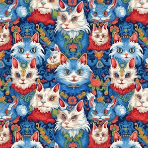 louis wain inspired botanical cats in blue red and green