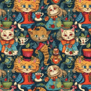louis wain inspired anthro cat alice in wonderland mad tea party