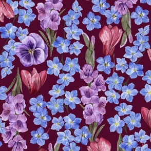 Rich Painterly Floral with  Pansy,  Gladiolus, Forget Fe Not and Cyclamen Burgundy Background Large Scale