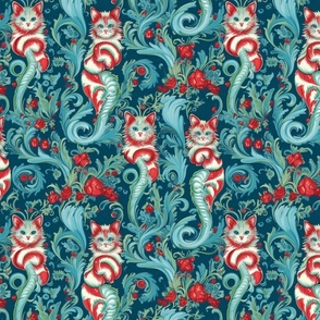 candy cane cats in a christmas botanical inspired by louis wain