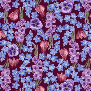 Rich Painterly Floral with  Pansy,  Gladiolus, Forget Fe Not and Cyclamen Burgundy Background  Medium Scale