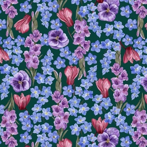 Rich Painterly Floral with  Pansy, Gladiolus, Forget Fe Not and Cyclamen Deep Green Background Medium Scale