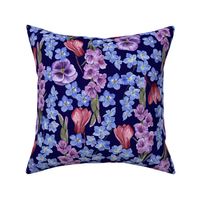 Rich Painterly Floral with  Pansy,  Gladiolus,  Forget Me Not and Cyclamen Navy Blue Background Medium