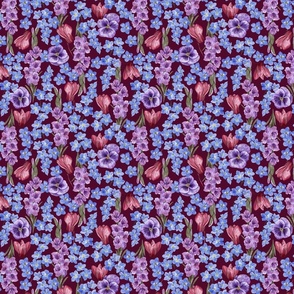 Rich Painterly Floral with  Pansy,  Gladiolus, Forget Fe Not and Cyclamen Burgundy Background Small