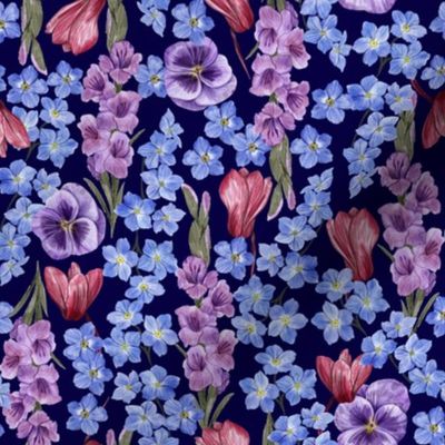 Rich Painterly Floral with  Pansy,  Gladiolus,  Forget Me Not and Cyclamen Navy Blue Background Small