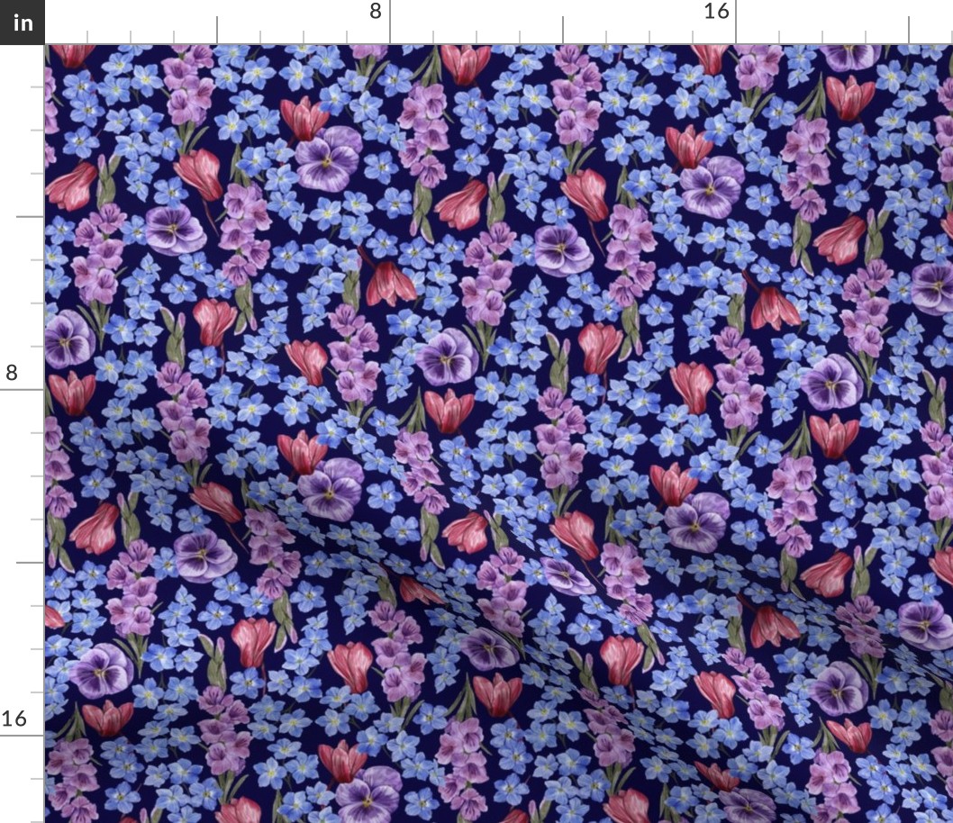 Rich Painterly Floral with  Pansy,  Gladiolus,  Forget Me Not and Cyclamen Navy Blue Background Small