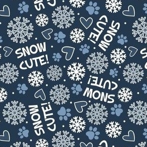 Small-Medium Scale Snow Cute! Winter Snowflakes and Paw Prints in Navy