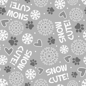Medium Scale Snow Cute! Winter Snowflakes and Paw Prints in Grey