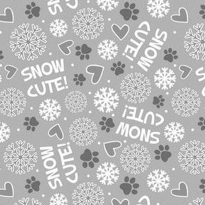 Small-Medium Scale Snow Cute! Winter Snowflakes and Paw Prints in Grey