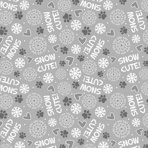 Small Scale Snow Cute! Winter Snowflakes and Paw Prints in Grey