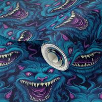 gothic monster cheshire cat with teeth and fangs in blue inspired by louis wain