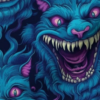 gothic monster cheshire cat with teeth and fangs in blue inspired by louis wain