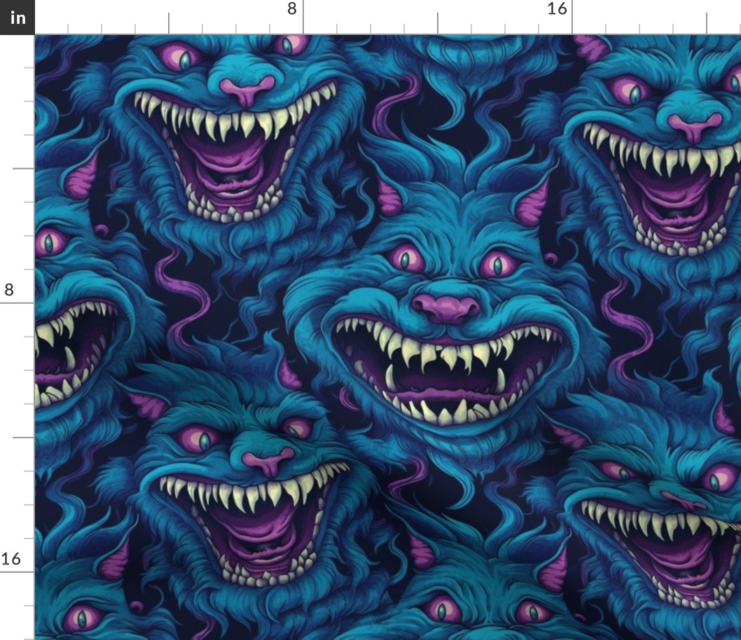gothic monster cheshire cat with teeth and fangs in blue inspired by louis wain