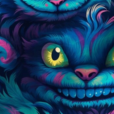 surreal cheshire cat in blue and pink inspired louis wain