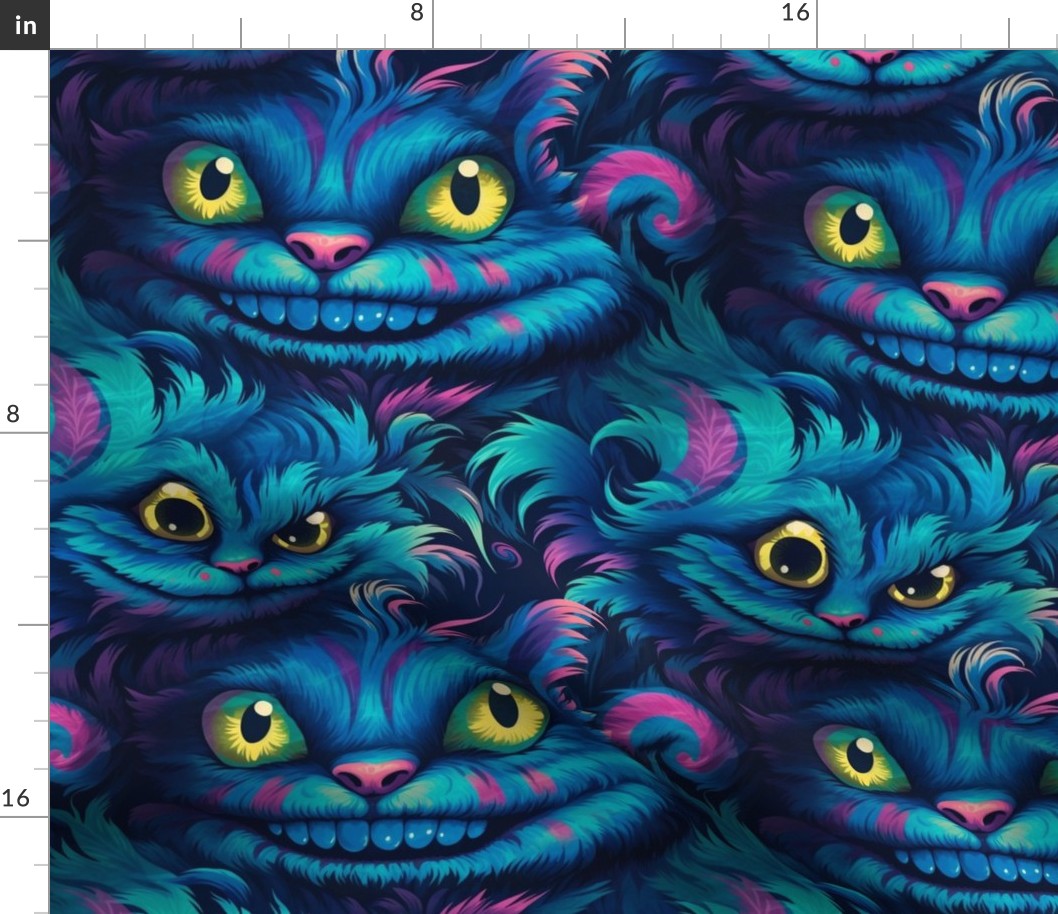 surreal cheshire cat in blue and pink inspired louis wain