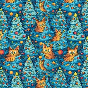 louis wain inspired cat christmas trees in blue and orange