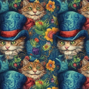 blue floral top hat anthro cat mad hatter inspired by louis wain