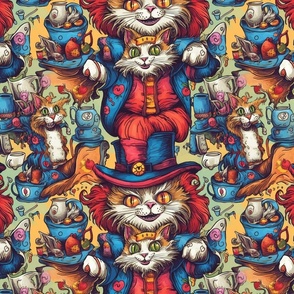 louis wain inspired anthro mad hatter cat in red blue and orange