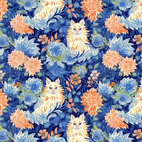 blue and orange floral cat botanical inspired by louis wain