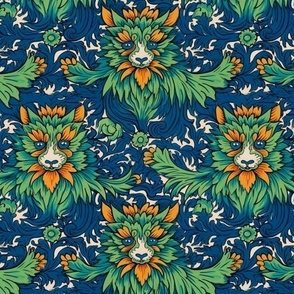 louis wain inspired flower cat in blue gold and green