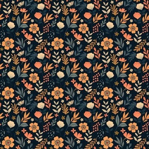 Orange flowers with leaves. Dark floral kids decor. / SMALL