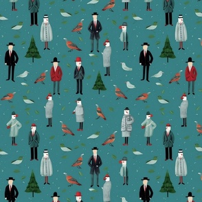 magritte inspired victorian anthro snowmen in the christmas tree forest