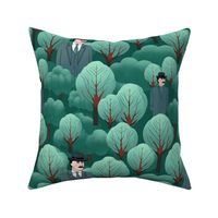 magritte inspired victorian gentleman in the surreal forest in green and brown
