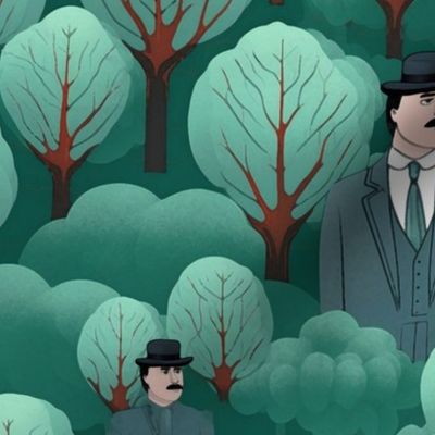 magritte inspired victorian gentleman in the surreal forest in green and brown