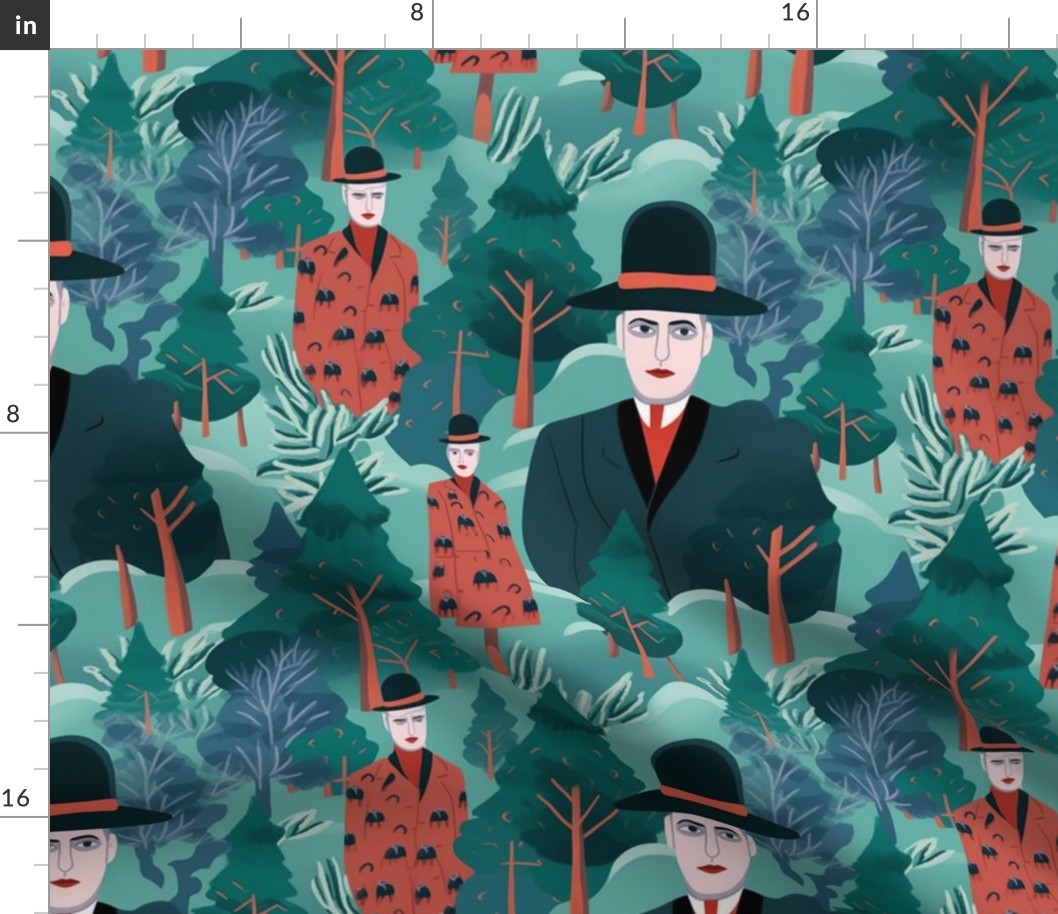 magritte inspired victorian gentleman in the evergreen yule tree forest