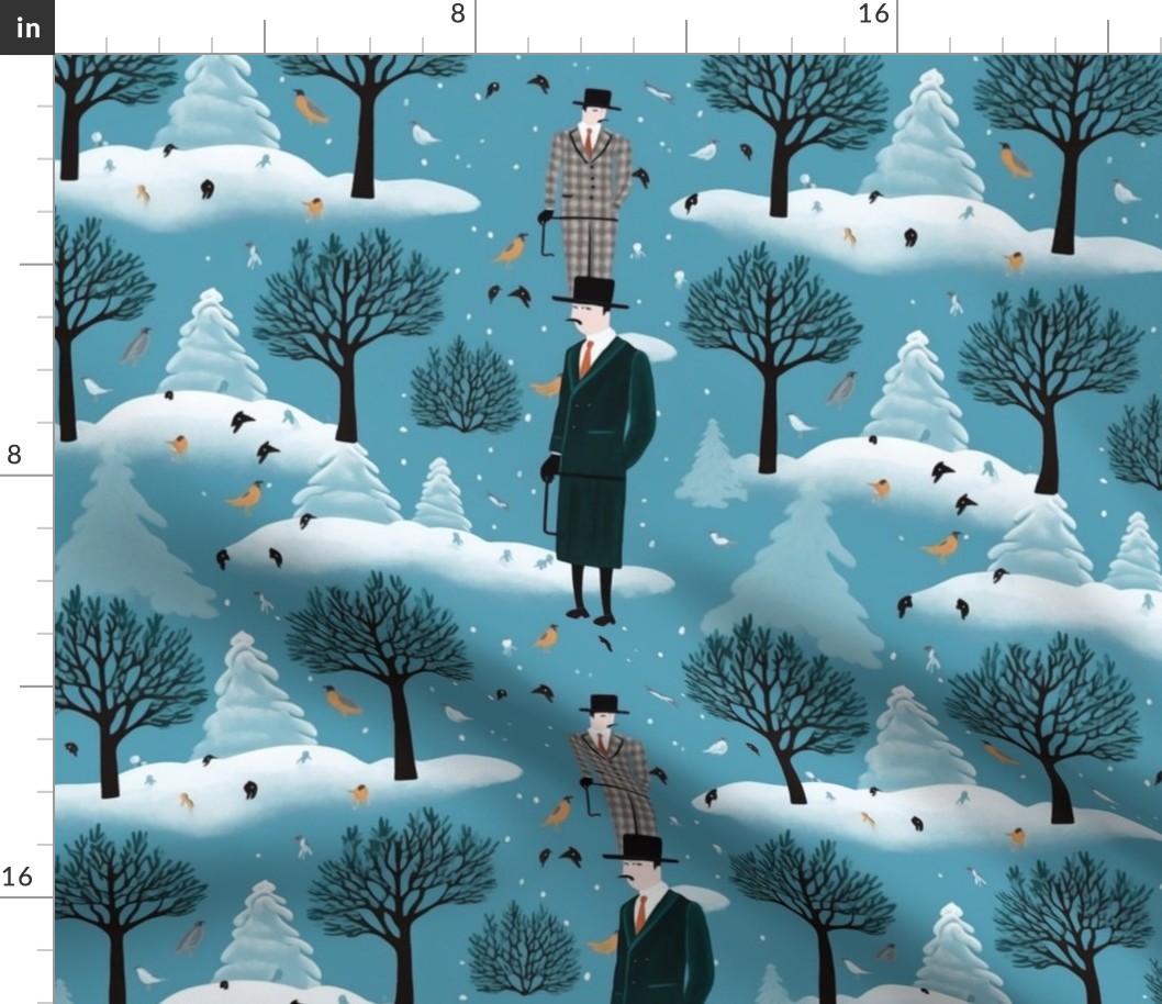 magritte inspired victorian gentleman take a walk in a snowy christmas forest