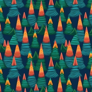 flame kissed christmas forest of fir trees in orange red and green teal