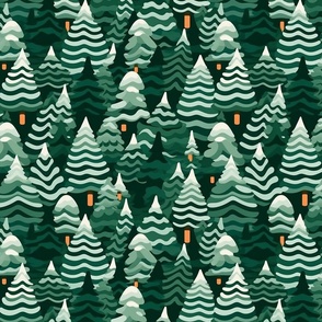 snow crowned forest of christmas fir trees in green and orange and white