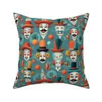 magritte inspired circus full of clowns in orange red and green teal