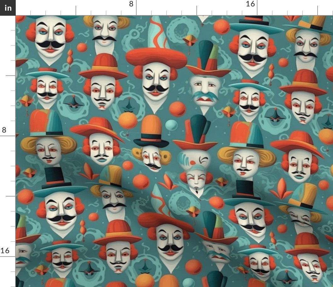 magritte inspired circus full of clowns in orange red and green teal