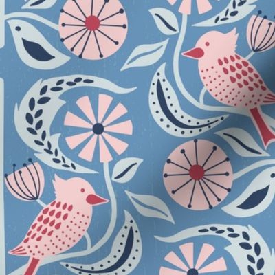 Pink Sunbird on Blue Folk Art Style